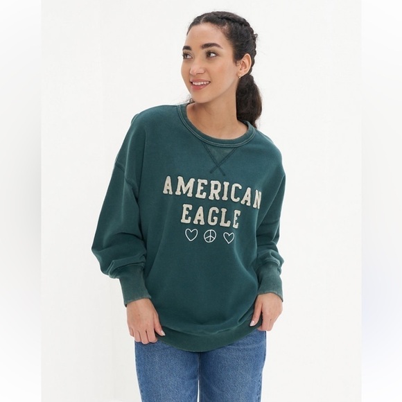 American Eagle Outfitters Green Peace & Heart Casual Crewneck Cozy Sweatshirt XS - Picture 1 of 8